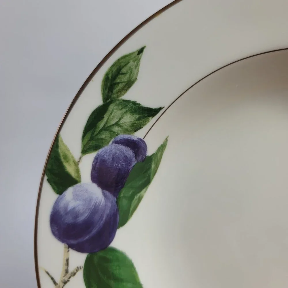 TWO Mikasa Plum L3132 Court Rim Soup Bowls White with Purple Plums Green Leaves
